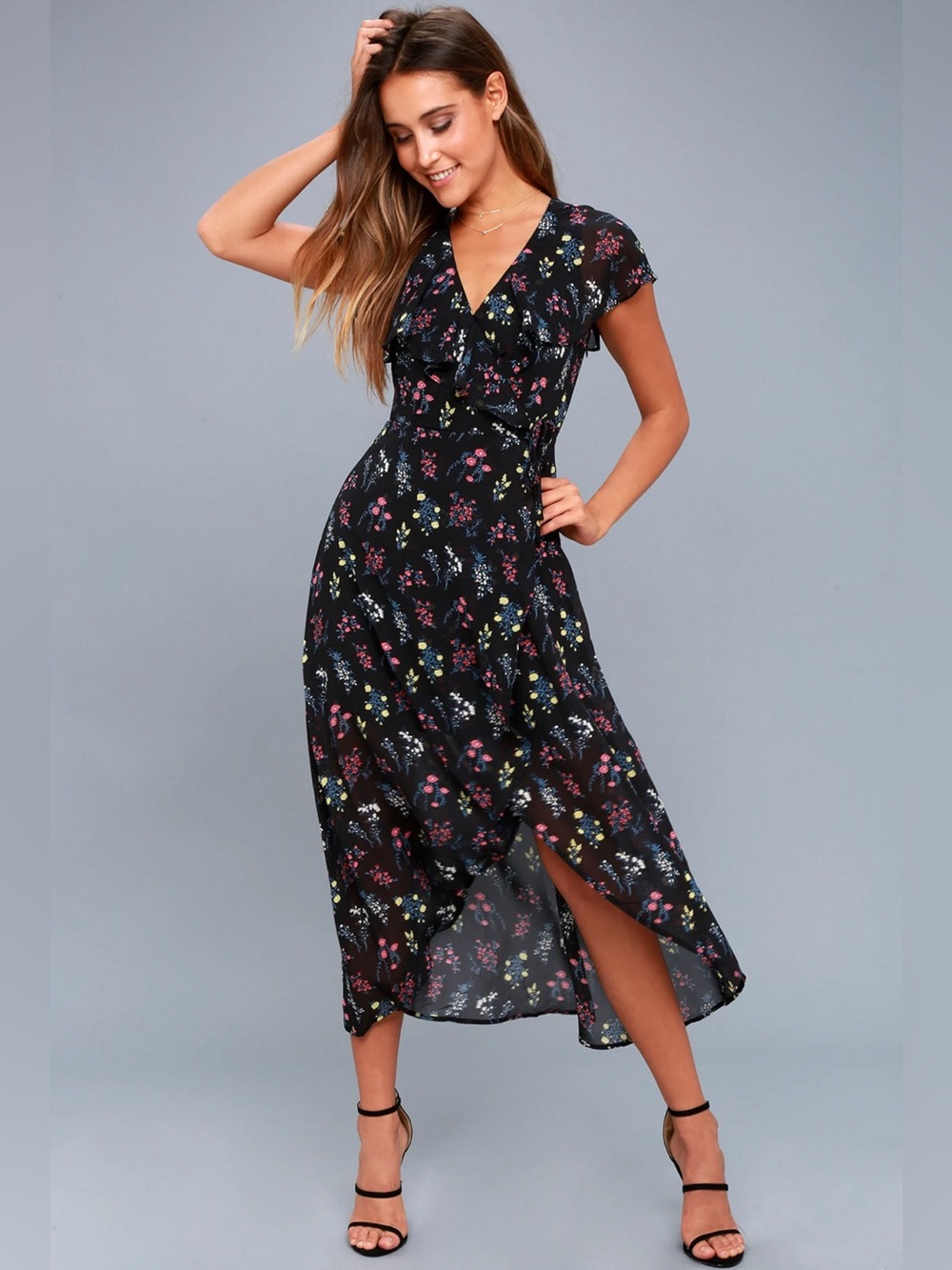 Lulus Act Of Love Floral Wrap Midi Dress VNeck Ruffle Black High Low Size Small